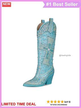 Rhinestone Cowboy Boots Knee High Western Cowgirl Faux Leather